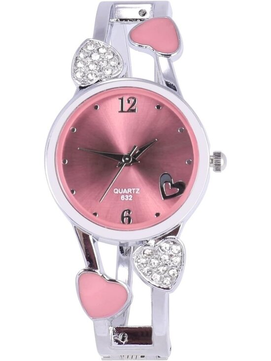 Accessories - Women's Pink Quartz with Rhinestone Round Dial Stainless Steel Band Cuff Watch